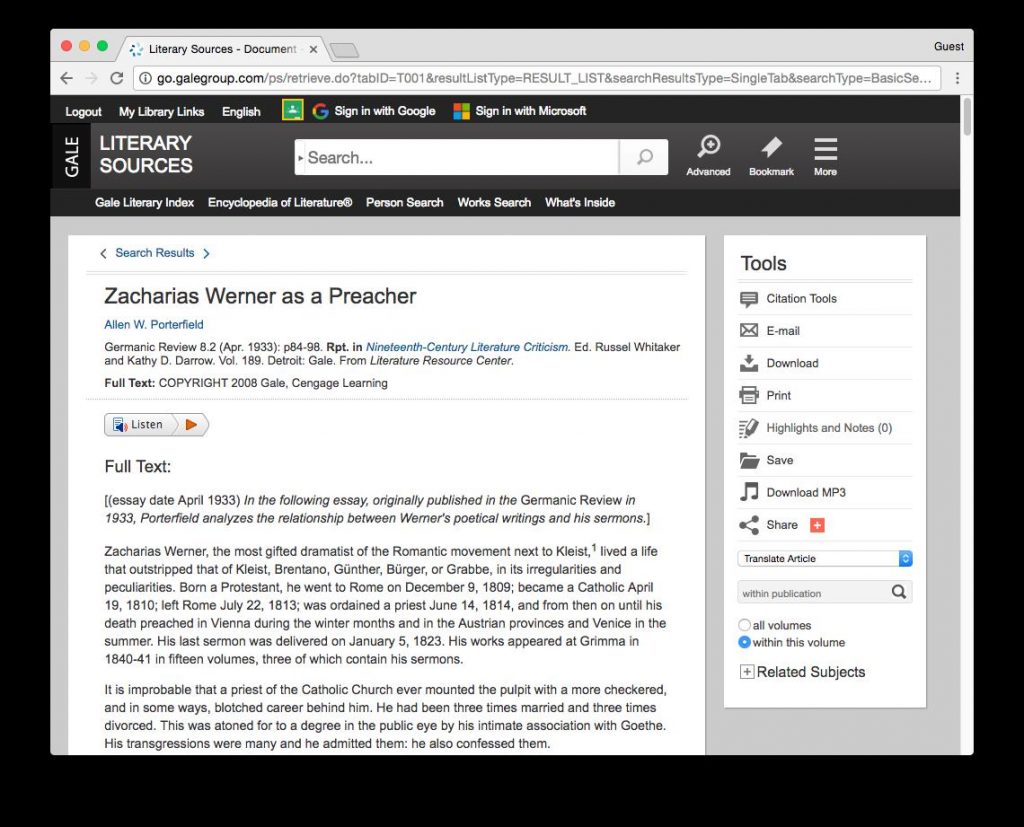 screenshot of article in Literary Sources database