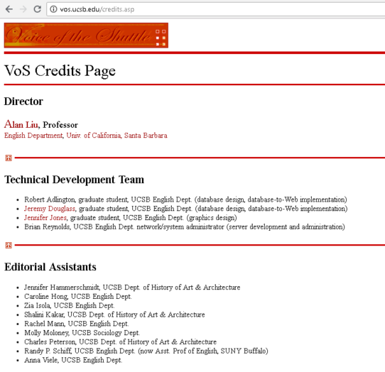 Credit page for Voice of the Shuttle