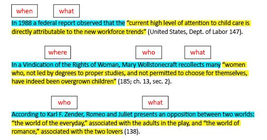 Sentences with the 5 Ws and 1 H highlighted and categorized - MLA Style Center